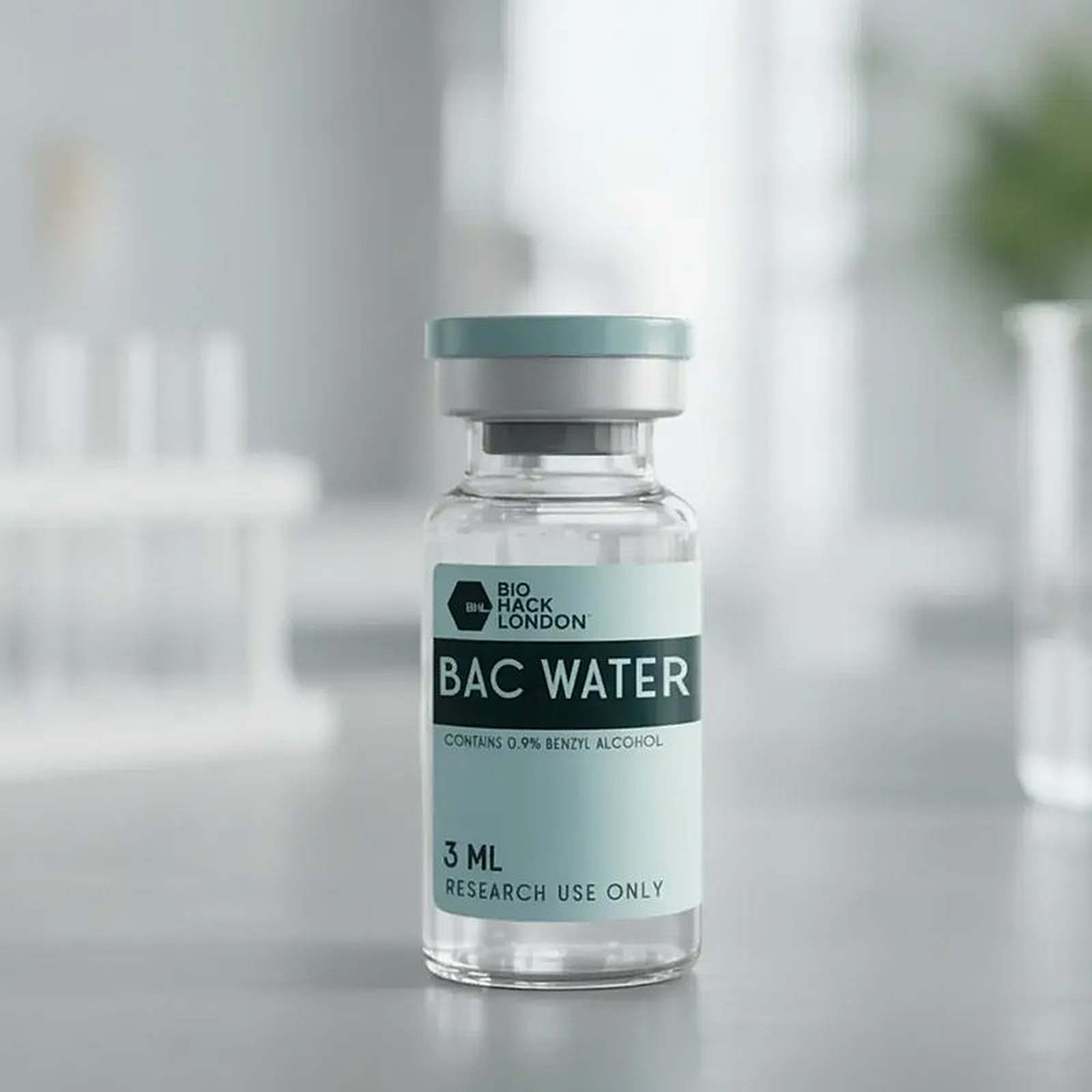 BioHack London BAC water vial containing 0.9% benzyl alcohol