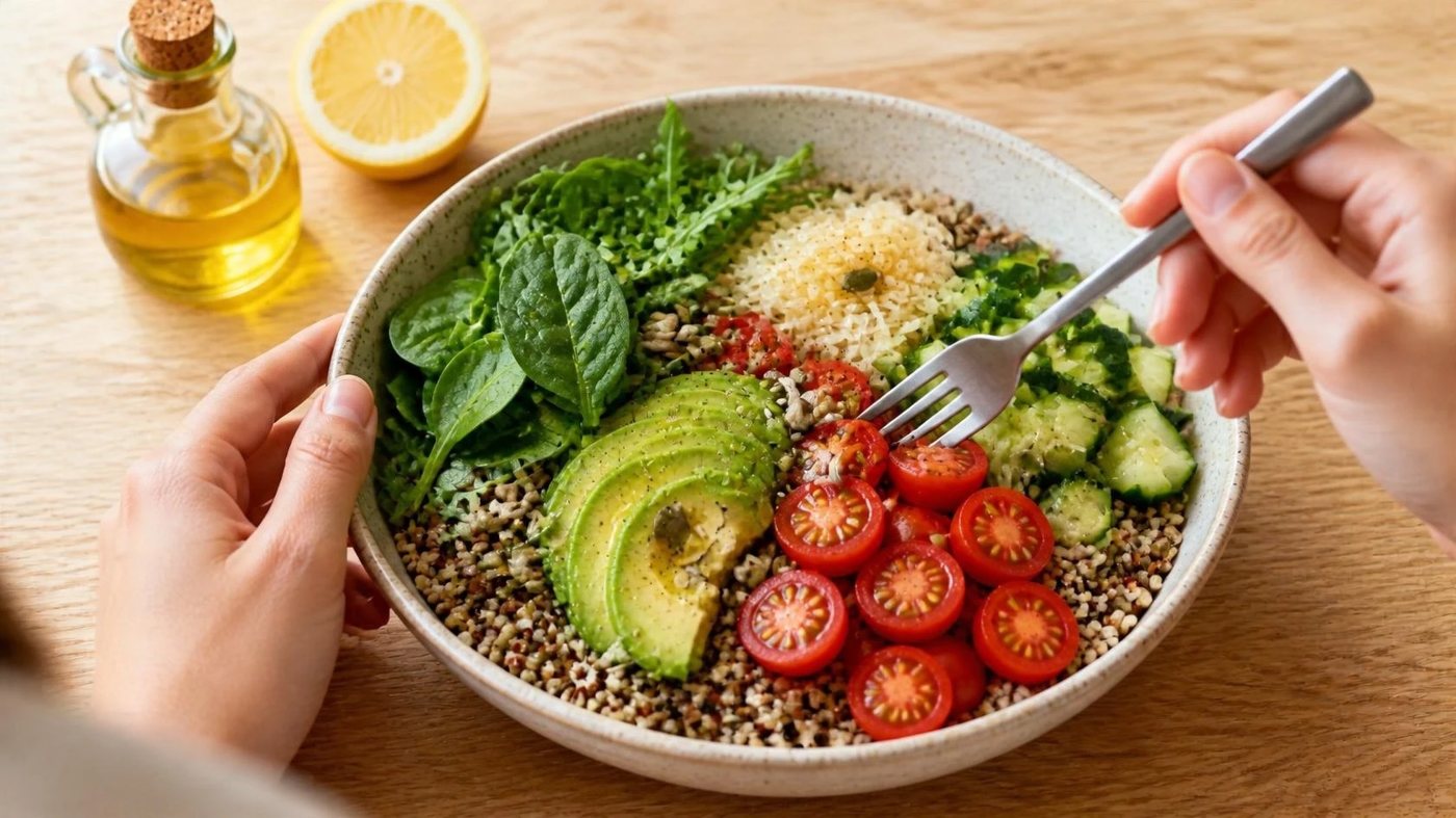 The finished gut-health power bowl on a wooden table