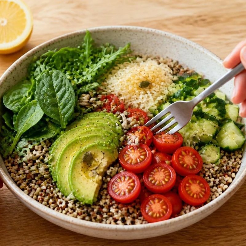 Power bowl with spinach, rocket, avocado, cherry tomatoes and whole grains