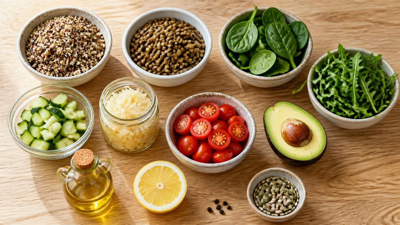Whole grains, lentils, greens, tomatoes, avocado, seeds and lemon laid out on a table