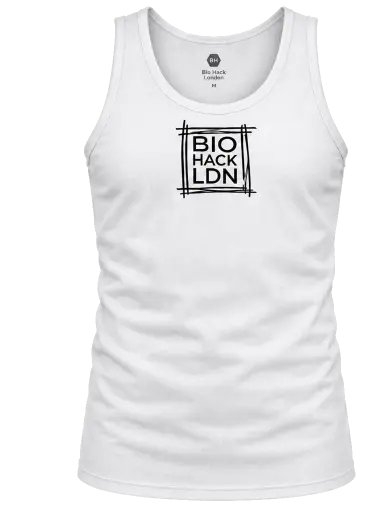 White ribbed vest with the BIO HACK LDN print