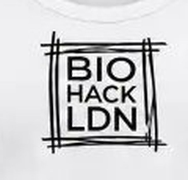 Close-up of the BIO HACK LDN box print on the front of the white vest